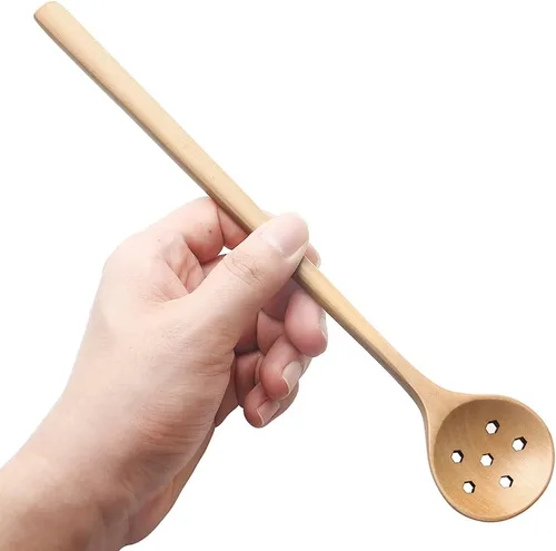 Vista 6 de 1 cuchara de madera de olivo, 11 pulgadas, estilo coreano, mango largo, cucharas redondas ranuradas de madera para mermelada de oliva