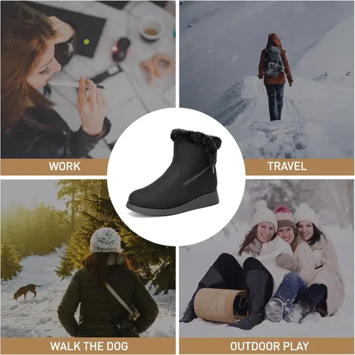 Vista 6 de CentroPoint Botas de nieve al tobillo de moda para mujer, tacón bajo de cuña corta, botines de invierno de piel sintética, zapatos cálidos