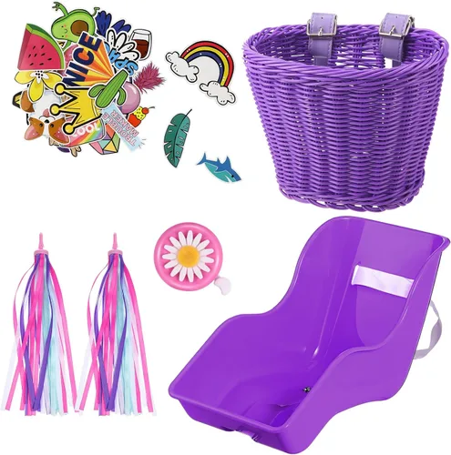 Vista 7 de Aurelema Asiento de bicicleta de muñeca con 30 calcomanías de calcomanías, cesta de bicicleta para niños, manillar de bicicleta, cintas coloridas