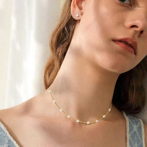 Vista 7 de Ritach Collar de perlas para mujer, chapado en oro de 14 quilates, gargantilla de perlas ajustables y pulsera de perlas, juego de joyería para mujer