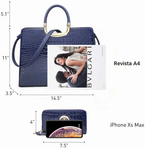 Vista 3 de Bolso de mano para mujer con asa superior, bolso de hombro, bolso tipo tote, cartera con billetera a juego 2-azul cocodrilo
