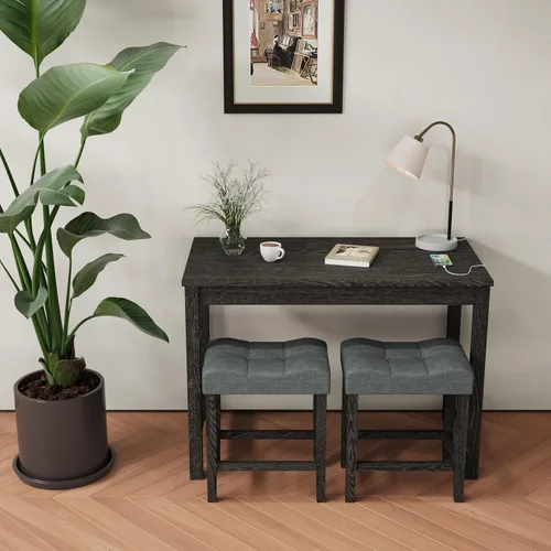 Vista 8 de allamazing Juego de Mesa de Bar de Altura de Mostrador de 3 Piezas con Enchufe y 2 Taburetes de Bar Acolchados de Tela, Juego de Mesa de Comedor 1+2