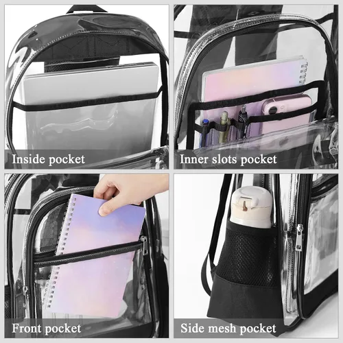 Vista 3 de Mochila transparente resistente, mochila transparente de PVC transparente de alta resistencia, Negro, Mediana