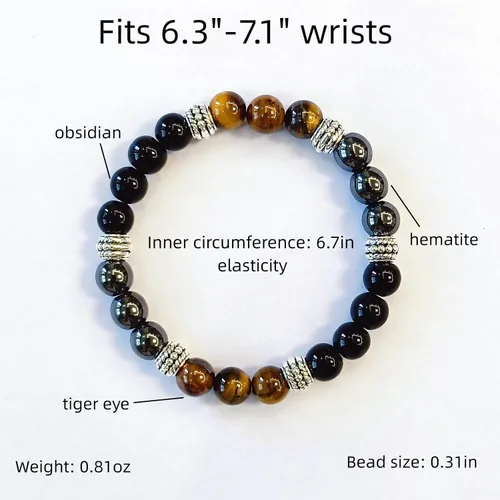 Vista 2 de Pulsera de triple protección para traer suerte y prosperidad, pulseras de hematita negra con obsidiana y ojo de tigre para hombres y mujeres