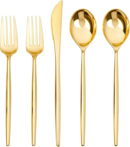 Vista 12 de SUT 150 PIEZAS Juego de Cubiertos de Plástico Dorados, Utensilios Dorados Desechables, Cubiertos de Plástico Resistente, Incluye 50 Cuchillos