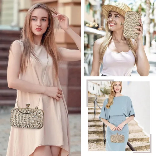 Vista 2 de UBORSE Bolso de mano de cristal de pavo real para mujer, bolsos de noche, con diamantes de imitación formales, con purpurina, para boda, novia