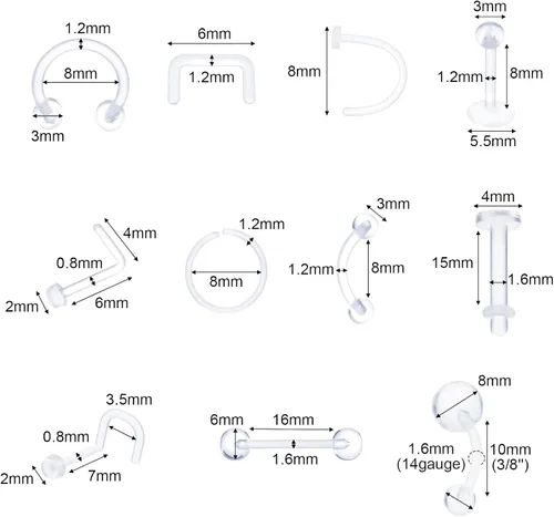 Vista 3 de Yolev Juego de 55 piercings de acrílico transparente: aretes para la nariz, aros para la nariz, anillos para el vientre, retenedores de tabique