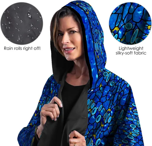 Vista 3 de RainCaper Capa de lluvia para mujer, poncho impermeable con capucha, reversible, arte fino