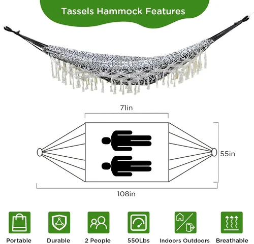 Vista 3 de Hamaca doble con flecos bohemios a rayas negras con flecos, cama colgante de tela de algodón suave para interiores y exteriores con cuerdas