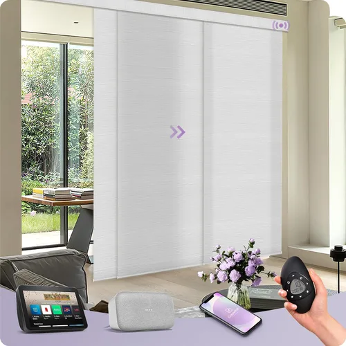 Vista 23 de Graywind Paneles deslizantes motorizados opacos compatibles con Alexa Google, persianas de riel para puertas corredizas de patio