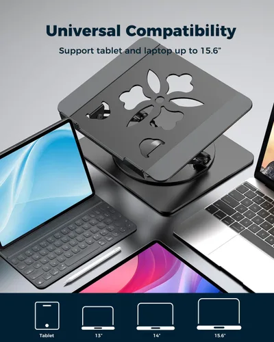 Vista 8 de Soporte ajustable para laptop de escritorio - Elevador portátil para laptop con base giratoria, soporte plegable de aluminio para computadora