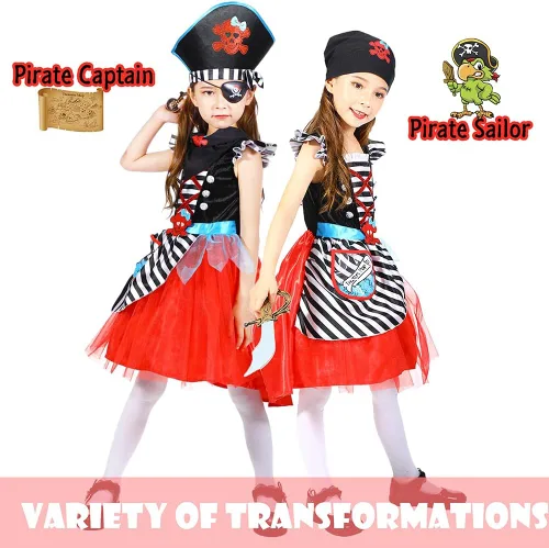 Vista 2 de Disfraz de pirata para niñas con espada pirata, sombrero de pirata, parche en el ojo de pirata, bolsa de moneda pirata, monedas de oro