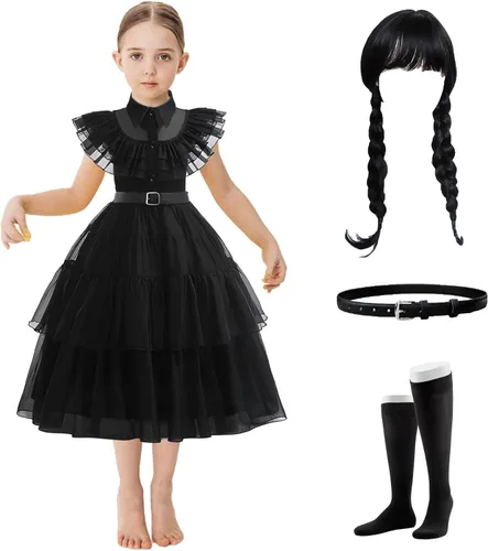 Vista 5 de Ainvliya Wednesday Addams - Disfraz de Addams para niños y niñas, vestido de cosplay negro con accesorios, disfraz de fiesta de Halloween