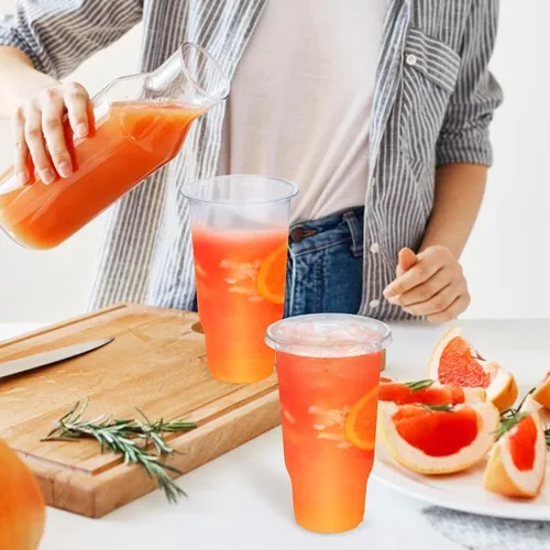 Vista 5 de Paquete de 30 vasos de plástico transparente de 32 onzas con tapas, vasos transparentes desechables de gran tamaño, popote de cubierta plana 32oz 30