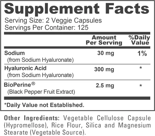 Vista 4 de NusaPure Ácido hialurónico 300 mg 250 cápsulas vegetales (sin OMG y sin gluten) Plant Based Formula, Sodium Hyaluronate, BioPerine, Suitable for