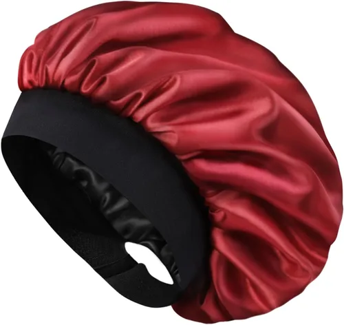 Vista 8 de Hat Hut Gorro de satén de seda para dormir para mujer, gorro de pelo para cabello rizado, banda ancha ajustable, doble capa