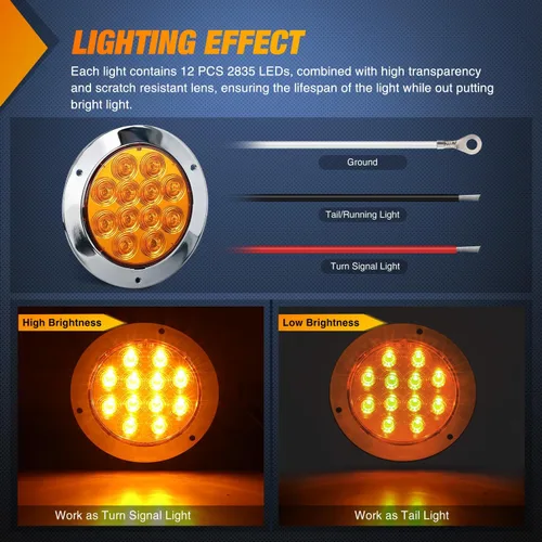 Vista 3 de Nilight Luces traseras para remolque, 2 unidades, 4 pulgadas, redondas, 12 LED, ámbar, cromado, marco, marcador, señal de giro, luz trasera