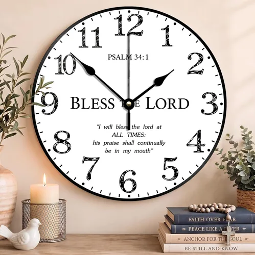 Vista 56 de Reloj de pared con versículo bíblico, con cita religiosa, reloj de madera, texto inspirador cristiano, reloj de madera rústico personalizado