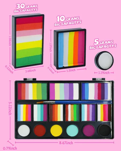 Vista 6 de Anka Bella Pintura facial profesional activada por agua, kit de pintura facial no tóxica para niños y adultos, incluye pastel de arcoíris, pastel