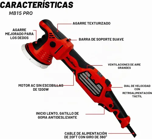 Vista 2 de Maxshine MB15 Pro Pulidora Sin Escobillas DA Lanzamiento de 15mm, Placa de 5”, Motor de 1200W, 6 Velocidades, Rosca de 5/16”-24 Herramienta