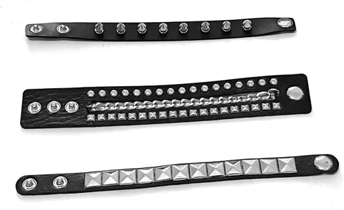 Vista 6 de 3 Pieces Punk Rock Leather Bracelets for Women Pop 80s 90s Emo Jewelry Accessories Retro Spiked Adjustable Wrap Wrist Cuffs