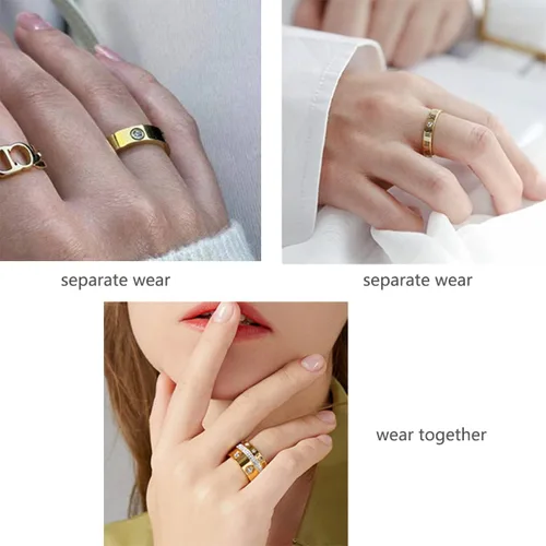 Vista 7 de Love Friendship - Juego de anillos de oro para mujer, chapados en oro de 18 quilates, acero de titanio, delicados anillos de circonita cúbica