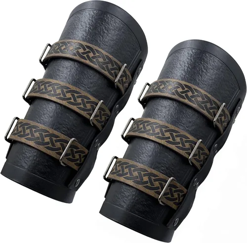Vista 2 de HiiFeuer Brazaletes de cuero sintético medieval vintage, hebilla retro que sujeta los protectores de brazos mercenarios, guanteletes de caballero