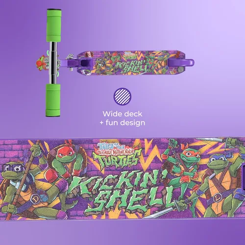 Vista 5 de Monopatín de 2 ruedas con ruedas que se iluminan – Plegable, plataforma antideslizante, cómodo y suave para andar TMNT
