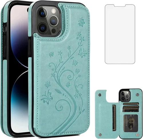 Vista 12 de Funda compatible con iPhone 15 Pro Max de 6.7 pulgadas con protector de pantalla de vidrio templado y tarjetero con soporte para tarjetero, funda