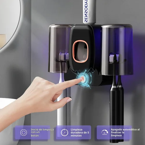 Vista 3 de Soportes para cepillo de dientes para baños, dispensador automático de pasta de dientes y soporte para cepillo de dientes ahorrador de espacio