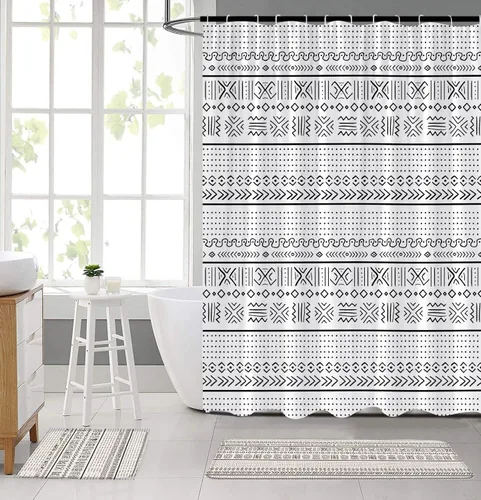 Vista 6 de Cortina de ducha geométrica bohemia negra y blanca, moderna, estilo tribal, retro, azteca occidental, abstracta, de mediados de siglo, tela de arte