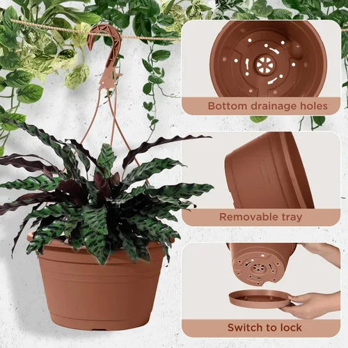 Vista 3 de 4 Piezas Macetas Colgantes para Plantas de Interior, 10" Macetas Grandes de Plástico Colgantes con Bandejas de Drenaje y Soporte de Cadena