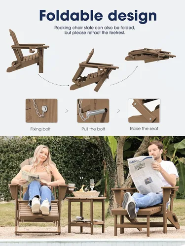 Vista 4 de KINGYES Silla mecedora Adirondack con otomano retráctil y portavasos, silla reclinable de patio Adirondack de HDPE para porche, patio, balcón, Teca