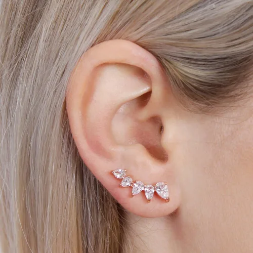 Vista 3 de RIAH FASHION Aretes brillantes con diamantes de imitación para oruga Delicado cristal cúbico para lóbulo de la oreja pétalo floral rama de hojas