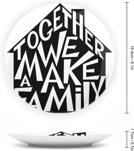 Vista 2 de Plato decorativo de cerámica de 6 pulgadas, cerámica familiar, Together We Make a Family Shaped as a House Print Ceramic Wall Hanging para cenas