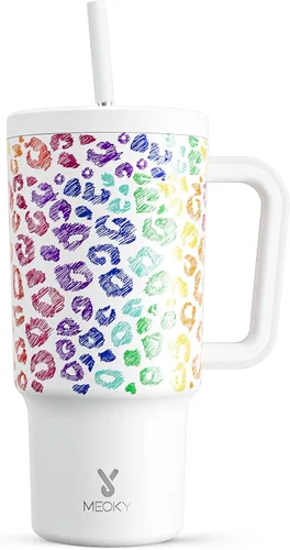 Vista 42 de Meoky - Vaso de 30 oz con asa, tapa y pajilla, taza de viaje térmica de acero inoxidable 100% a prueba de fugas, para portavasos, mantiene el frío