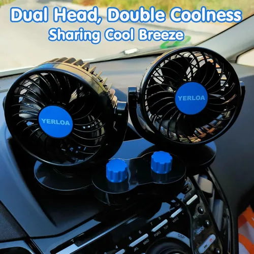 Vista 2 de Yerloa Ventilador de coche eléctrico de 12 V, ventilador portátil para automóvil, doble cabeza, rotación de 360 grados, ventilador de aire