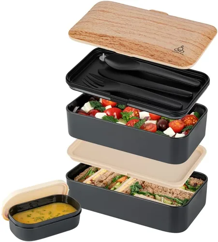 Vista 22 de Restaurantware -Bento Tek - Lonchera apilable de 40.5 onzas, 1 contenedor reutilizable para adultos – con utensilios, taza de salsa incluida, caja