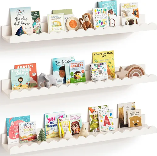 Vista 7 de G&W Gruwald Juego de 3 estantes para libros de guardería, decoración de guardería para bebés y niños pequeños, estantes festoneados, estante