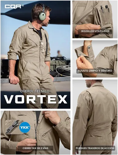 Vista 4 de CQR - Overol para hombre con manga corta, cremallera frontal, múltiples bolsillos, resistente a las manchas y a las arrugas Vortex Álamo Caqui