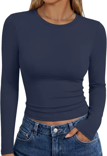 Vista 23 de Trendy Queen Camisetas de manga larga para mujer, camisetas básicas de Verde militar