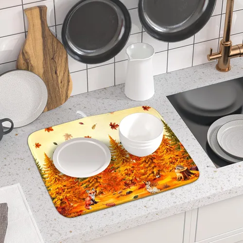 Vista 6 de Alfombrilla de secado de platos para encimera de cocina pequeña absorbente de café de otoño Alfombrilla de secado de microfibra de bosque de otoño