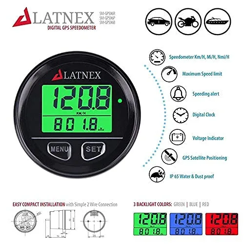 Vista 3 de LATNEX Velocímetro GPS, odómetro impermeable con pantalla digital verde/rojo/azul, retroiluminación universal adecuado para ATV, UTV, barcos