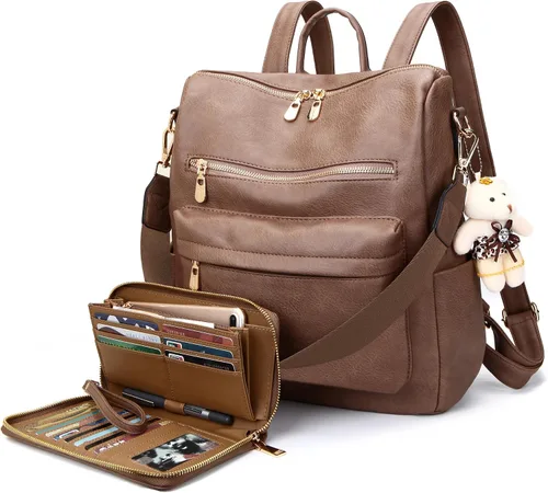 Vista 12 de Soperwillton Bolso de mochila para mujer. Bolsos de mano con diseño multiusos. Bolsa de hombro de cuero sintético. Bolsa de viaje. Juego de 2