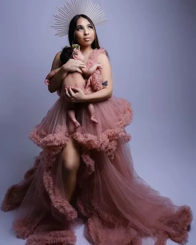 Vista 5 de Molisa Vestido de maternidad de tul para sesión de fotos, volantes hinchados, lencería nupcial, bata de baño, vestidos de embarazo transparentes