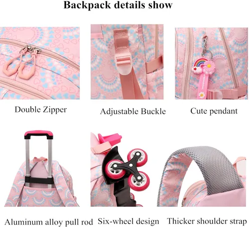 Vista 5 de Mfikaryi Mochila con ruedas para niñas, para estudiantes de primaria, al aire libre, con ruedas, Rosa-6 Ruedas, Moderno