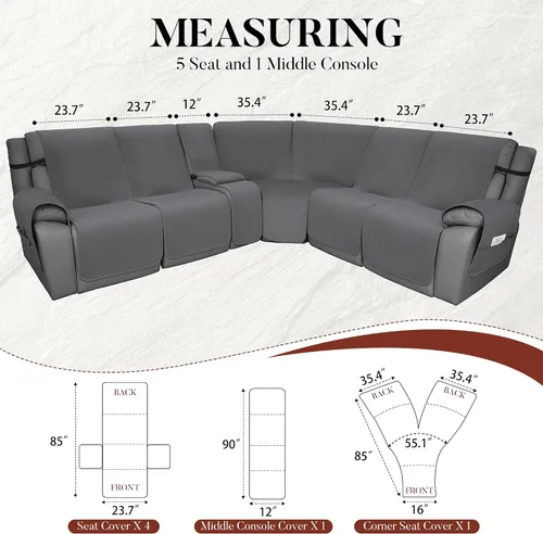 Vista 3 de Juego de fundas de terciopelo 100% impermeables para sofá seccional reclinable en forma de L, 8 piezas, fundas acolchadas para sofá reclinable Gris
