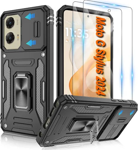 Vista 98 de Atump Funda para Motorola Moto G Play 2024 (4G) con [paquete de 2] protector de pantalla HD y cubierta para cámara deslizante, soporte de anillo