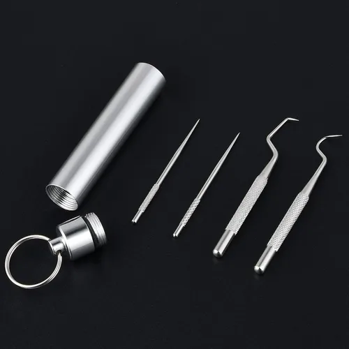Vista 8 de 5 palillos de dientes reutilizables, palillo de dientes de metal portátil, herramientas profesionales de limpieza de dientes, púas dentales