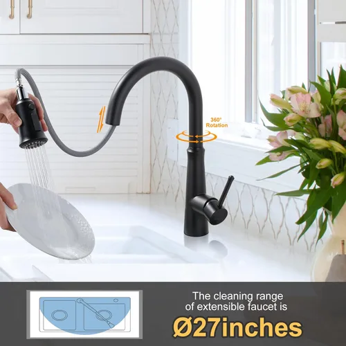 Vista 7 de WOWOW Grifos de cocina negro mate con rociador extraíble, grifo de fregadero de cocina de acero inoxidable para fregaderos de 1 o 3 agujeros, grifo